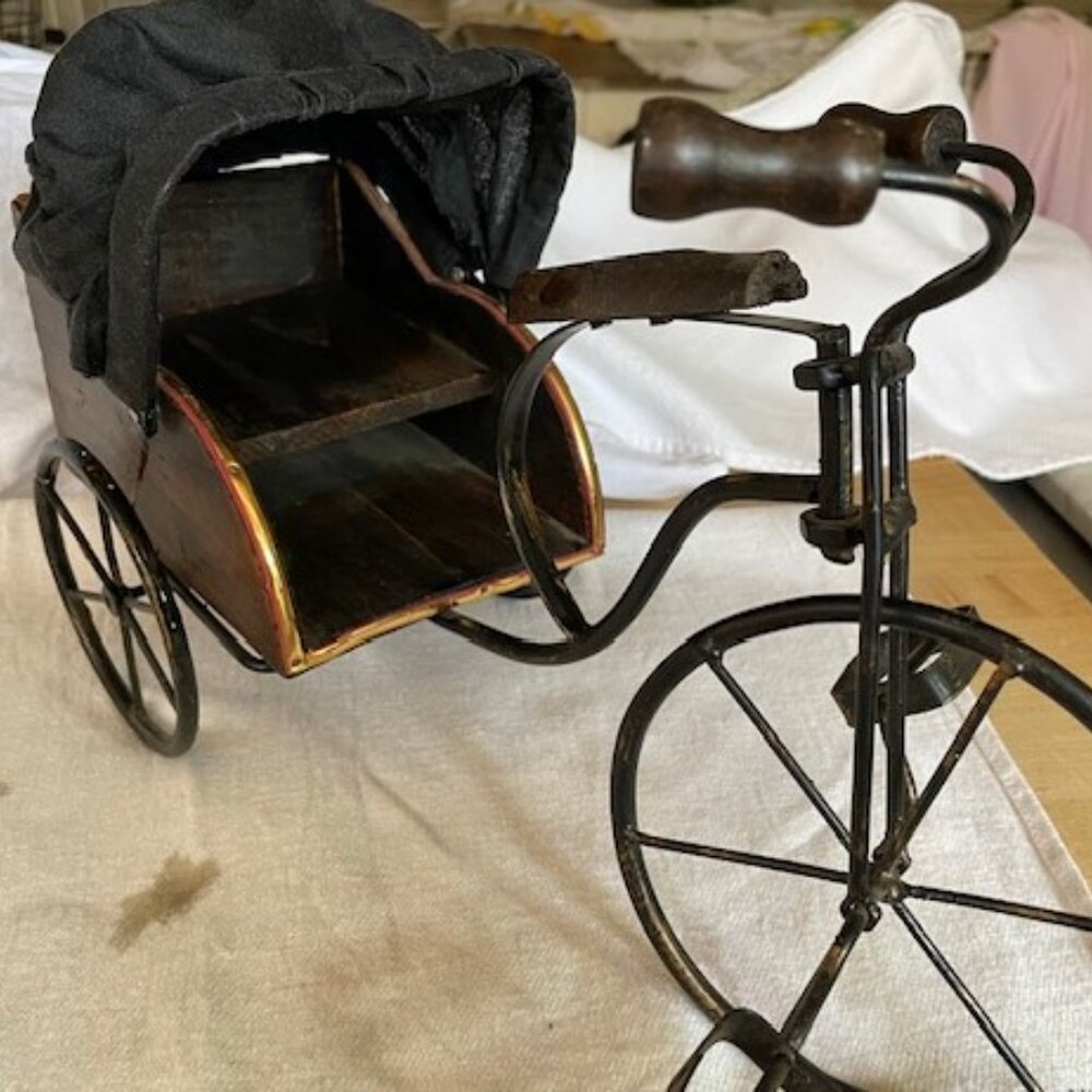 Vintage wheeled buggy, decor or doll, wood and metal, 15" long, great shape